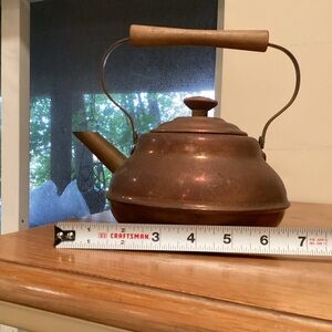 Vintage Copper Tea Kettle with Wooden Handle 50 or 60s left original patina on